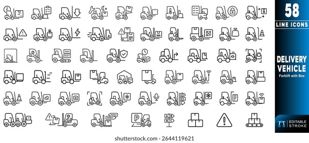 Detailed line icons depicting a forklift transporting a box, illustrating essential activities in logistics. These icons represent operations ideal for warehousing and delivery services.