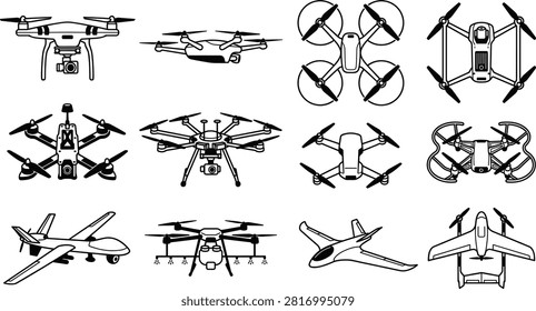 Detailed line icons featuring diverse drone models including professional quadcopters fixed wing uav and racing drones.