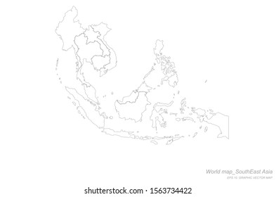 Detailed Line Vector World Map. 
Continental World Map With White Background. Southeast Asia.