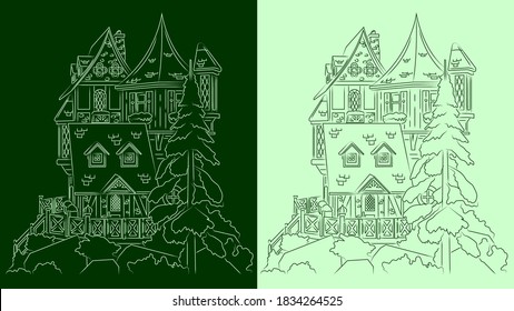Detailed linear illustration of a fabulous house of fairy, witch, wizard. Ready image for children's book, coloring, game background, vintage label. Logo, emblem, sign for magic set, card board game