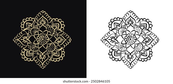 Detailed linear symmetrical golden and black mandala pattern with layered, petal-like shapes. Hand drawn Hindu Rangoli design on dark and white background.  Traditional Indian art, tattoo design