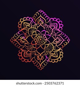 Detailed linear symmetrical mandala pattern with layered, petal-like shapes in red, yellow and purple neon colors. Hand drawn Hindu Rangoli design on dark background.  Traditional Indian art