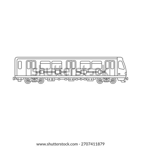 Detailed linear vector illustration of a modern subway train car or metro carriage, showcasing public urban railway transport for high-speed city travel, isolated outline icon design.