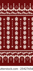 Detailed Lineate of Cream Embroidery on Burgundy Background. Evoke a sense of luxury with a classical vintage touch. Rich Stripe Border of Petals Scroll Ornate Decoration. Bali art life geometric. 