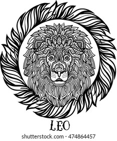 Detailed Lion in aztec filigree line art zentangle style. Tattoo, coloring page for adult. T-shirt animals design. Zodiac leo. tribal, decorative wool pattern. Vector