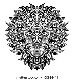 Detailed Lion in aztec style. Patterned head of the lion on isolated background. African indian totem tattoo design. Vector illustration. Eps10.