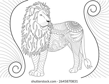 Detailed Lion Coloring Book Page Featuring Ornate Mandala and Zentangle Patterns - Relaxing Anti-Stress Line Art Illustration.