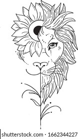 Detailed Lion Flower Sketch tatoo black and white - Vetorial. Hand drawn