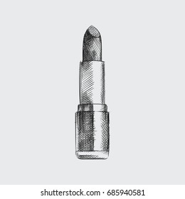 Detailed Lipstick sketch isolated on white background. Hand drawn make-up, cosmetics elements vector illustration.