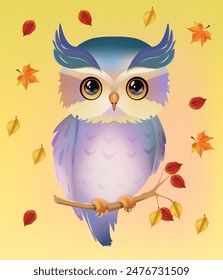 Detailed little Owl of blue color against the background of autumn falling leaves. Cute bird with big eyes. night bird