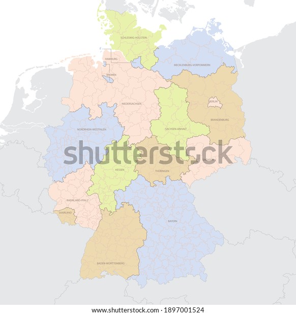 ヨーロッパのドイツの詳細な位置地図と その国の連邦州と地域に対する行政区分 ベクターイラスト のベクター画像素材 ロイヤリティフリー