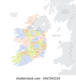 Detailed location map of Ireland in Europe with administrative divisions of the country, vector illustration