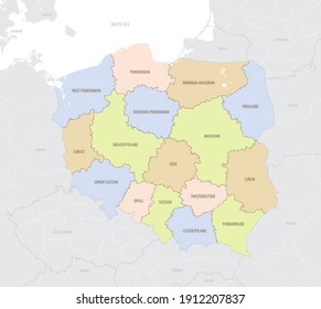 Detailed location map of Poland in Europe with administrative divisions of the country, vector illustration