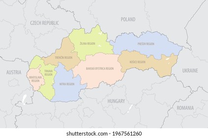 Detailed location map of Slovakia in Europe with administrative divisions of the country, vector illustration