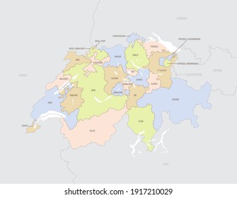 Detaillierte Standortkarte der Schweiz in Europa mit Verwaltungsabteilungen des Landes, Vektorgrafik