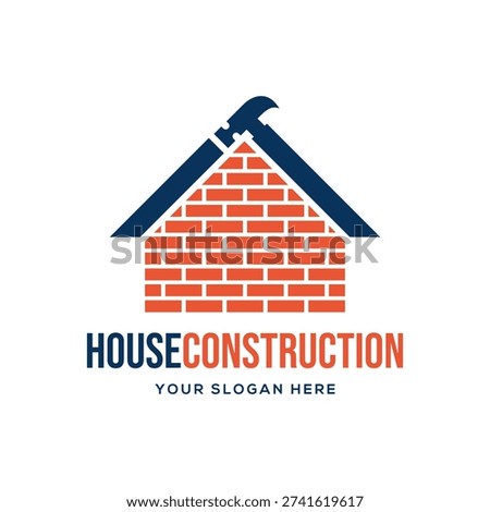 Detailed logo of a brick house under construction with a hammer tool on top, representing building and renovation services.