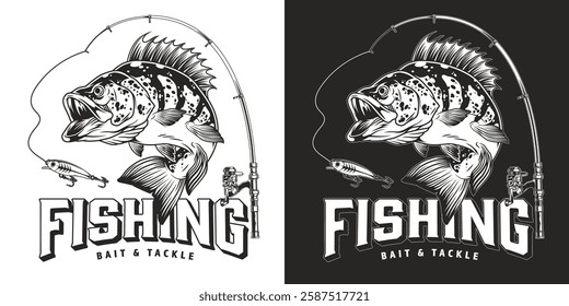 A detailed logo featuring a large fish and fishing rod. The design emphasizes the activity of fishing while showcasing bait and tackle essentials in an artistic manner.