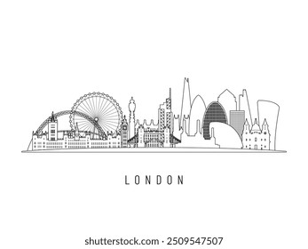 Ilustração detalhada do vetor de horizonte de Londres. Edifícios de Londres em estilo de arte em linha, perfeito para designs modernos.