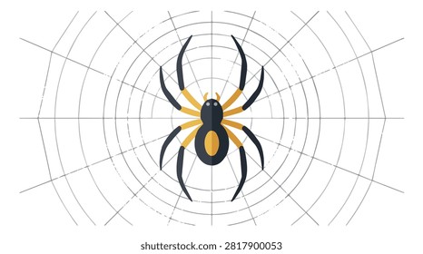Detailed macro image of a black and yellow spider on its web with fine silk strands in a natural environment highlighting arachnid and insect features