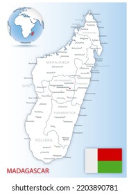 Detailed Madagascar administrative map with country flag and location on a blue globe. Vector illustration