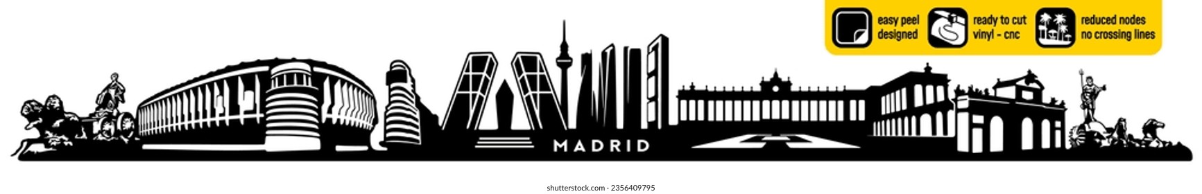 Detailed Madrid vector, Spain created for vinyl cutting. Landmarks in a single design cnc plasma. Vinyl ready design. Wall sticker. Wall decal. Black and white silhouette.