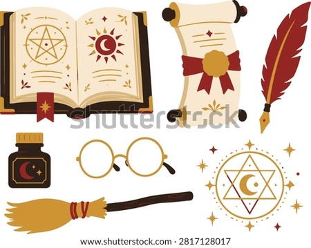 Detailed magical collection featuring open spell book vintage scroll feathered quill ink pot spectacles broomstick and mystical stars. Perfect for wizard themed party decor fantasy graphic projects witchcraft study materials and enchanting mystical seasonal illustrations