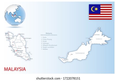 Detailed Malaysia administrative map with country flag and location on a blue globe. Vector illustration