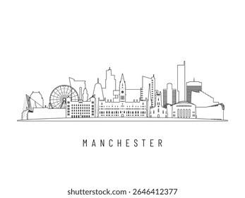 Detailed Manchester skyline vector illustration. Manchester buildings in line art style, perfect for modern designs.