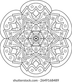 Detailed mandala artwork for creative projects and mindful practices. Features symmetrical patterns and a harmonious circular composition