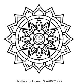 Detailed mandala artwork featuring a harmonious blend of floral and geometric patterns. Ideal for meditation coloring books, artistic, tattoo inspirations, and digital design projects.
