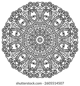 Detailed Mandala with Beautiful Swirls for Mindful Coloring