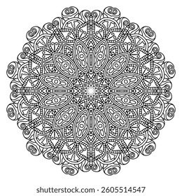 Detailed Mandala with Beautiful Swirls for Mindful Coloring