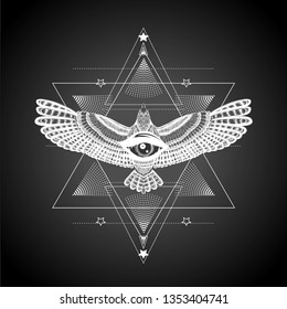 Detailed mandala with eagle and all seeing eye. Six pointed star and animal. Masonic symbol for coloring book pages, tattoo art and print t shirt.