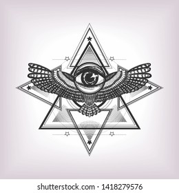 Detailed mandala with eye of providence. Magic look. Isolated illustration on the white background. Geometric pattern with hand drawn flying bird and all seeing eye. To be used for print t shirt