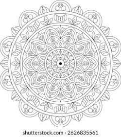 Detailed mandala illustration with intricate floral and geometric patterns, perfect for coloring books, decorative elements, and designs promoting mindfulness and creativity