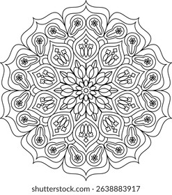 Detailed mandala line art vector perfect for adult coloring, relaxation, and creative projects. Elaborate floral and geometric patterns for mindfulness and artistic expression