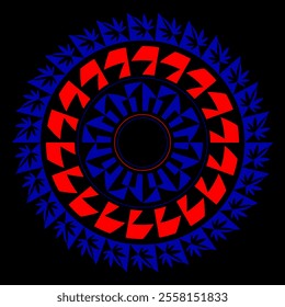 A detailed mandala-like pattern with red arrows and blue leaves, combining natural and geometric elements. Ideal for eco, bohemian, or cultural-inspired design themes.