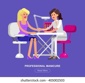 Detailed Manicurist character makes a professional manicure beautiful blond woman.  Web banner template  for beauty saloon