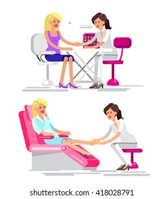 Detailed Manicurist character makes a professional manicure and pedicure beautiful blond woman.  Web banner template  for beauty saloon isolated on white background.