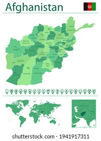 Detailed map of Afghanistan with country flag and location on world map. Vector illustration