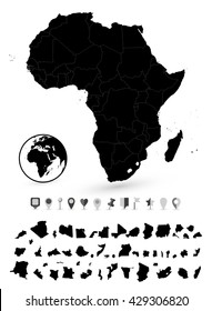 Detailed map of Africa and flat navigation set. Black colors.