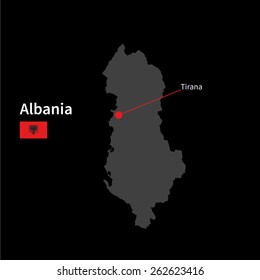 Detailed map of Albania and capital city Tirana with flag on black background