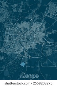 A detailed map of Aleppo, Syria, rendered in a minimalist style. The map features a dark teal background with white lines representing streets, roads, and waterways.