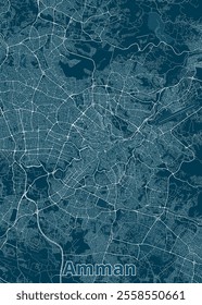 A detailed map of Amman, Jordan, rendered in a minimalist style. The city's streets and roads are depicted in white lines against a deep teal background.