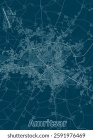 A detailed map of Amritsar, India, rendered in a minimalist style. The map features a dark blue background with white lines representing roads and streets.