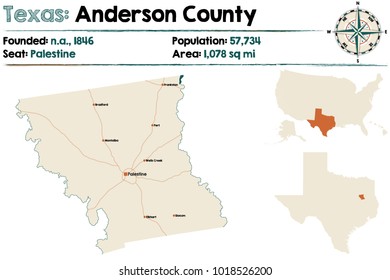 Detailed map of Anderson county in Texas, USA