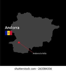 Detailed map of Andorra and capital city Andorra la Vella with flag on black background