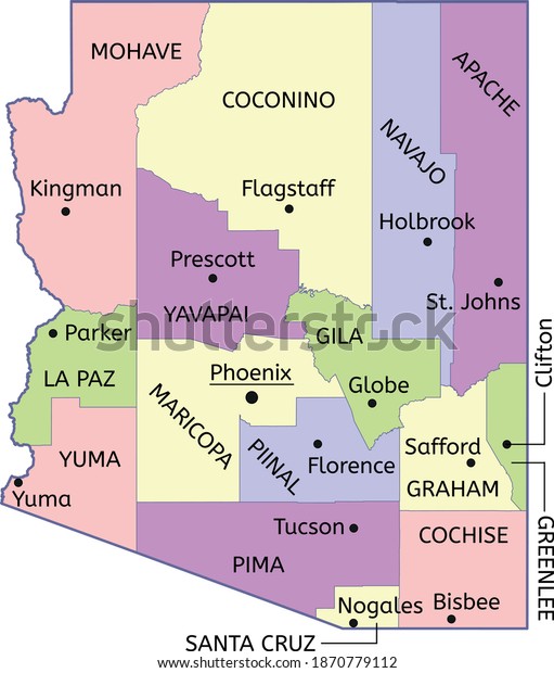 Detailed Map of\
Arizona counties with\
seats