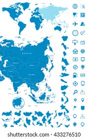 Detailed map of Asia and World map navigation set. Vector illustration.