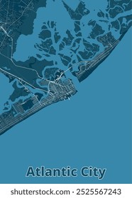 Eine detaillierte Karte von Atlantic City, New Jersey, in einem minimalistischen Stil. Das Stadtbild ist mit weißen Linien dargestellt, die Straßen und Straßen darstellen.